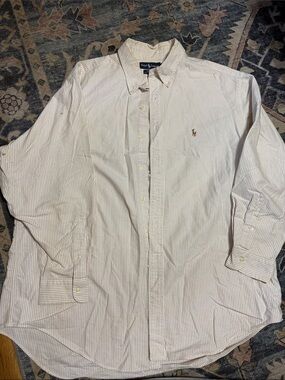Ralph Lauren Men's Button-Down Shirt in Cream and Light Brown Pinstripe